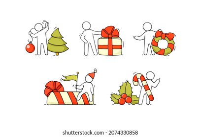 Christmas and winter set - decoration with gift boxes, xmas tree. Vector cartoon set of doodle people with New Year signs, red Santa Claus hat, holly leaves, candy cane and mistletoe wreath