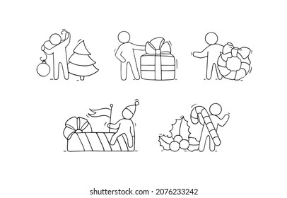 Christmas and winter set - decoration with gift boxes, xmas tree. Vector cartoon set of doodle people with New Year signs, red Santa Claus hat, holly leaves, candy cane and mistletoe wreath