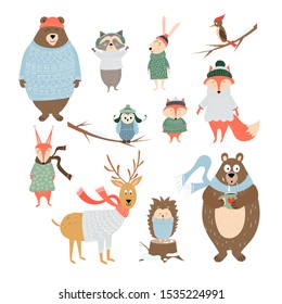 Christmas and winter set with forest animals (deer, bear, bunny, squirrel, fox, hedgehog, owl, woodpecker, racoon). Vector illustration in hand drawn style for winter holidays cards design