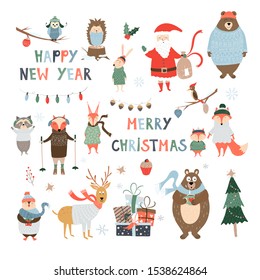 Christmas and winter set with forest animals (deer, bear, bunny, squirrel, fox, hedgehog, owl, woodpecker, racoon). Vector illustration in hand drawn style for winter holidays cards design with typogr