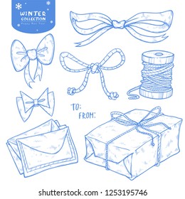 Christmas winter set gift, bow, ribbons, letters, twine.  Vintage drawing elements for design poster, banner, postcard for Merry Christmas.