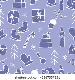 Christmas winter set, seamless pattern with gifts, skates, fir trees, children's background, wallpaper, gift paper, holiday surface design