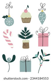 Christmas winter set. Christmas tree blue bauble, muffin with cherry, pink candy, Christmas tree in a pot, pink and blue gifts boxes, mistletoe.