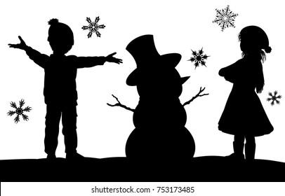 A Christmas winter silhouette scene with a kids having fun in the snow building a snowman with snowflakes falling