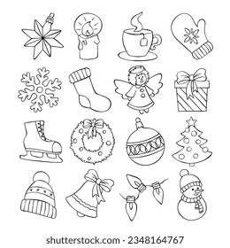 Christmas winter sketch design doodle elements set. Vector hand drawn icons sticker.