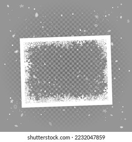 Christmas winter snapshot photo frame snowfall on transparent gray background. Snowflakes holiday decoration photography ornament