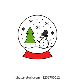 Christmas, winter snow globe vector outlined illustration icon. Seasonal, festive xmas snow globe. Transparent, glass sphere with little landscape inside, snowman, snow and tree.