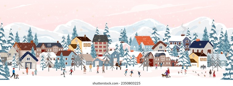 Christmas Winter Snow House Vector Landscape Background, Holiday Snowy Illustration Pattern With People Under Sky, Nature City And Tree Cartoon Scene, Festive Village, Celebration And New Year Design