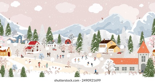 Christmas Winter Snow House Vector Landscape Background, Holiday Snowy Illustration Pattern With People Under Sky, Nature City And Tree Cartoon Scene, Festive Village, Celebration And New Year Design