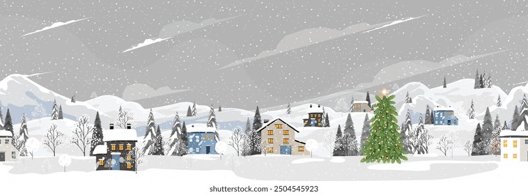 Christmas Winter Snow House Vector Landscape Background, Holiday Snowy Illustration Pattern With People Under Sky, Nature City And Tree Cartoon Scene, Festive Village, Celebration And New Year Design