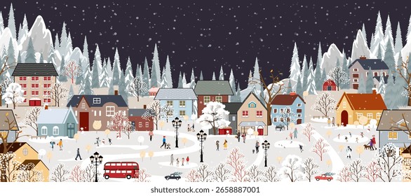 Christmas Winter Snow House Vector Landscape Background, Holiday Snowy Illustration Pattern With People Under Sky, Nature City And Tree Cartoon Scene, Festive Village, Celebration And New Year Design