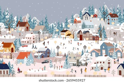 Christmas Winter Snow House Vector Landscape Background, Holiday Snowy Illustration Pattern With People Under Sky, Nature City And Tree Cartoon Scene, Festive Village, Celebration And New Year Design