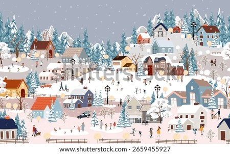 Christmas Winter Snow House Vector Landscape Background, Holiday Snowy Illustration Pattern With People Under Sky, Nature City And Tree Cartoon Scene, Festive Village, Celebration And New Year Design