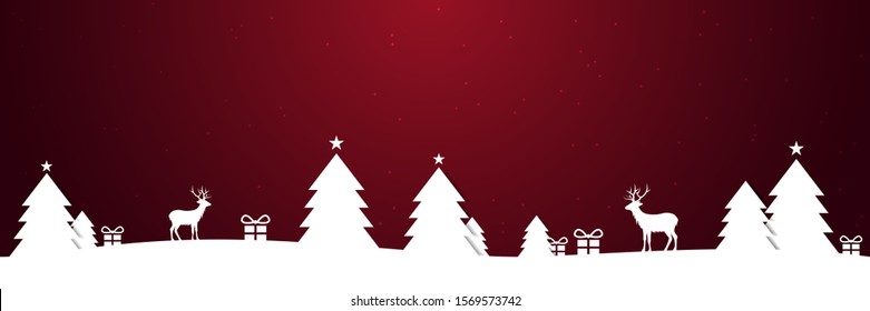 Christmas winter snow landscape silhouette with christmas trees and reindeers on red stars background