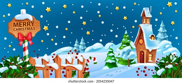 Christmas winter snow landscape, x-mas Santa Claus night house cartoon background, road sign, stars. Holiday season nature view, North Pole fairy tale scene, pine tree, holly bush. Christmas landscape