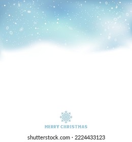 Christmas winter snow textarea template. Holiday wintry decoration blue and white background with falling snowflakes. New Year snowflake sky backdrop