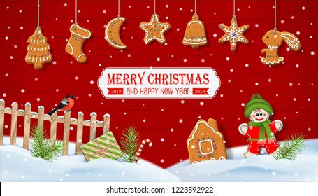 Christmas winter snow-covered scenery. Rural vector landscape with fence, bird, gingerbread and decorations on a red wooden background