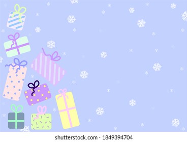christmas winter snowfall backgraound with presents and gifts. Winter sky falling snow.