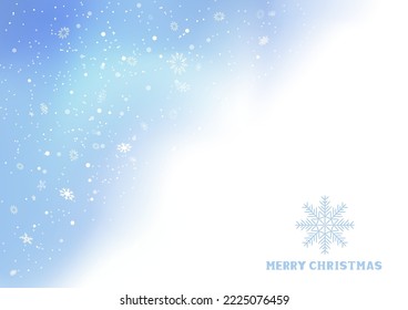 Christmas winter snowfall text copy space template. Holiday wintry decoration blue and white background with falling snowflakes. New Year snowflake sky backdrop
