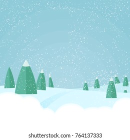 Christmas winter snowfall,forest landscape background,flat style