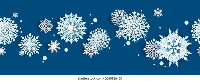 Christmas winter snowflake seamless border, blue vector papercut holiday decoration, x-mas season card. Frozen December ornament frame, white snow, ice symbol. Snowflake origami geometric border