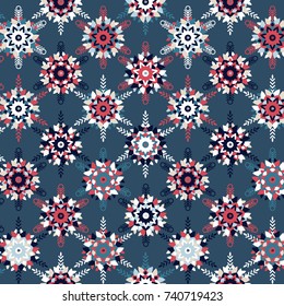 Christmas winter snowflakes flowers seamless pattern. December holidays abstract festive background, wallpaper, backdrop.