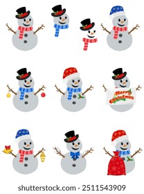 christmas winter snowman made of big snowballs flat style vector illustration isolated on white background