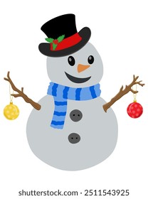 christmas winter snowman made of big snowballs flat style vector illustration isolated on white background