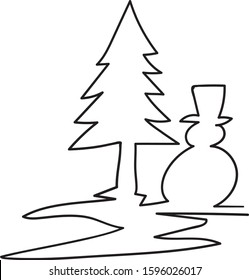 Christmas winter Snowman and pine one line art drawing