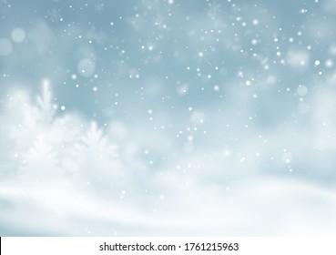 El invierno navideño nevó el paisaje de fondo. Fondo de polvo de nieve de invierno. Ilustración del vector EPS10