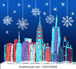 Christmas winter snowy night town city cityscape background. Like child's hand drawing New York skyscrapers. Crayon or pastel chalk like kids drawn snow building urban landscape vector new year banner Vector de stock