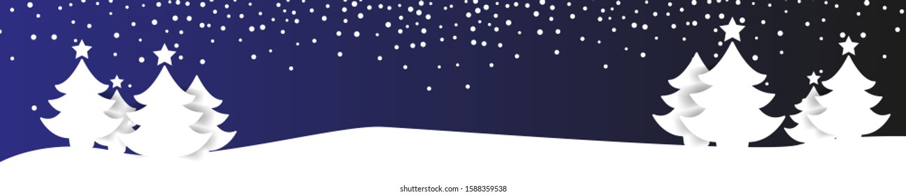 Christmas winter snowy paper landscape silhouette with Christmas tree and deers on black background.