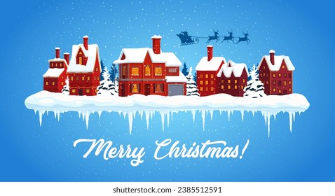 Christmas winter snowy town landscape and Santa sleigh silhouette. Vector Merry Xmas greeting card or banner with Noel flying in sled over cityscape with houses, pines and snowfall at holiday eve