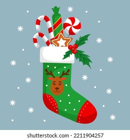 Christmas winter sock. Stocking or boot. Santa present with apple, sweets and ribbon. Happy child gift. Snowflakes and holly. Xmas holiday surprise. Vector isolated tidy background