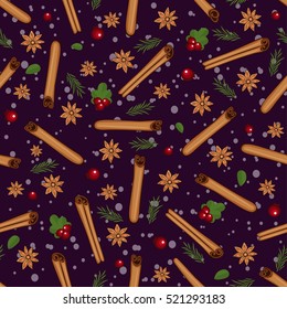 Christmas winter spice with cranberries. Decorative vector seamless pattern. Mulled wine theme.