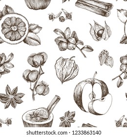 Christmas winter spice. Decorative vector seamless pattern with spices and ingredients for mulled wine. Orange, apple, cranberry, cinnamon, star anise, cardamom and cotton on white background.