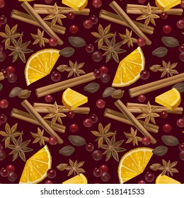 Christmas winter spice. Decorative vector seamless pattern with spices and ingredients for mulled wine. Orange, cranberry, cinnamon, star anise, cardamom and nutmeg on dark red background.