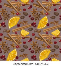 Christmas winter spice. Decorative vector seamless pattern with spices and ingredients for mulled wine. Orange, cranberry, cinnamon, star anise, cardamom and nutmeg on light brown background.