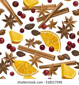 Christmas Winter Spice. Decorative Vector Seamless Pattern With Spices And Ingredients For Mulled Wine. Orange, Cranberry, Cinnamon, Star Anise, Cardamom And Nutmeg On White Background.