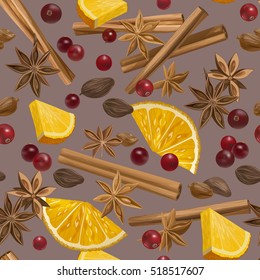 Christmas winter spice. Decorative vector seamless pattern with spices and ingredients for mulled wine. Orange, cranberry, cinnamon, star anise, cardamom and nutmeg on light brown background.