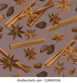 Christmas winter spice. Decorative vector seamless pattern with spices to cook mulled wine. Cinnamon, star anise, cardamom and nutmeg on light brown background.
