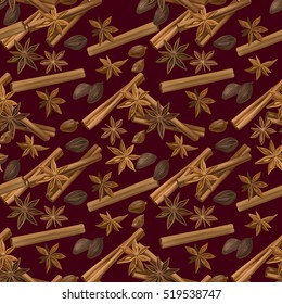 Christmas winter spice. Decorative vector seamless pattern with spices to cook mulled wine. Cinnamon, star anise, cardamom and nutmeg on dark red background.