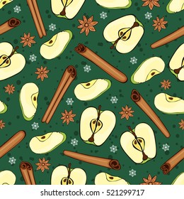 Christmas winter spice with fruit. Decorative vector seamless pattern. Mulled wine theme.