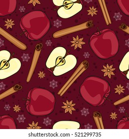 Christmas winter spice with fruit. Decorative vector seamless pattern. Mulled wine theme.
