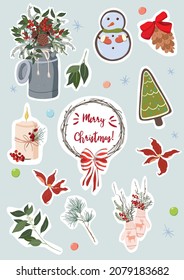 Christmas winter stickers collection, cute design and elements for scrapbook. Vector stickers, pins for winter holidays. Great for gift wrapping, greeting card envelopes, planners