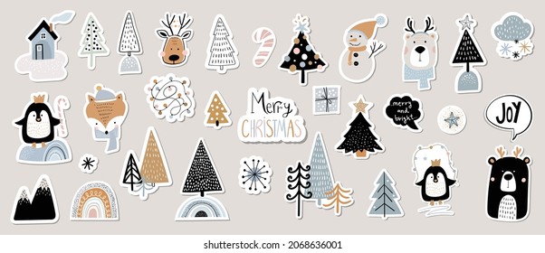 Christmas winter stickers collection for kids, seasonal design, cute animals and elements for scrapbook