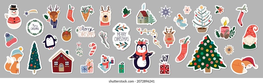 Christmas winter stickers collection with seasonal design, cute animals and elements for scrapbook
