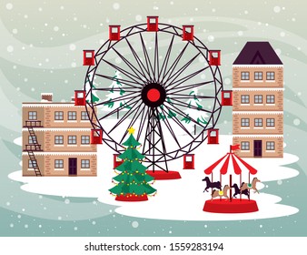 christmas winter street scene with panoramic wheel vector illustration design