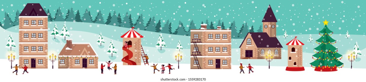christmas winter street scene with people happy vector illustration design