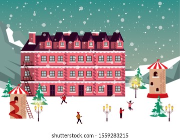 christmas winter street scene with people happy vector illustration design